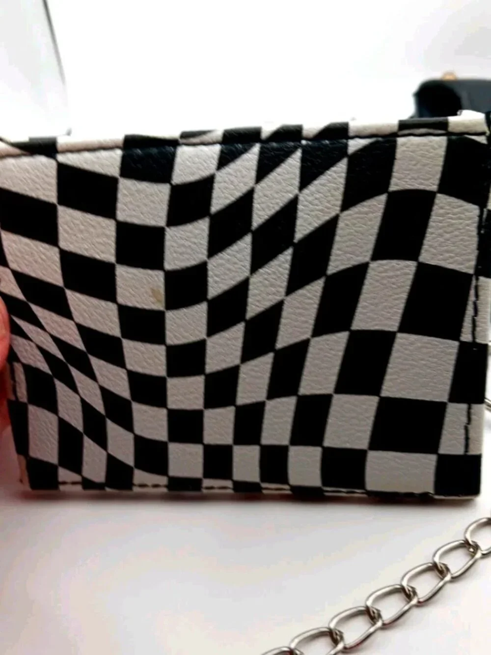 Black + White Skater Checkered Wallet with Removable Card Holder + Chain